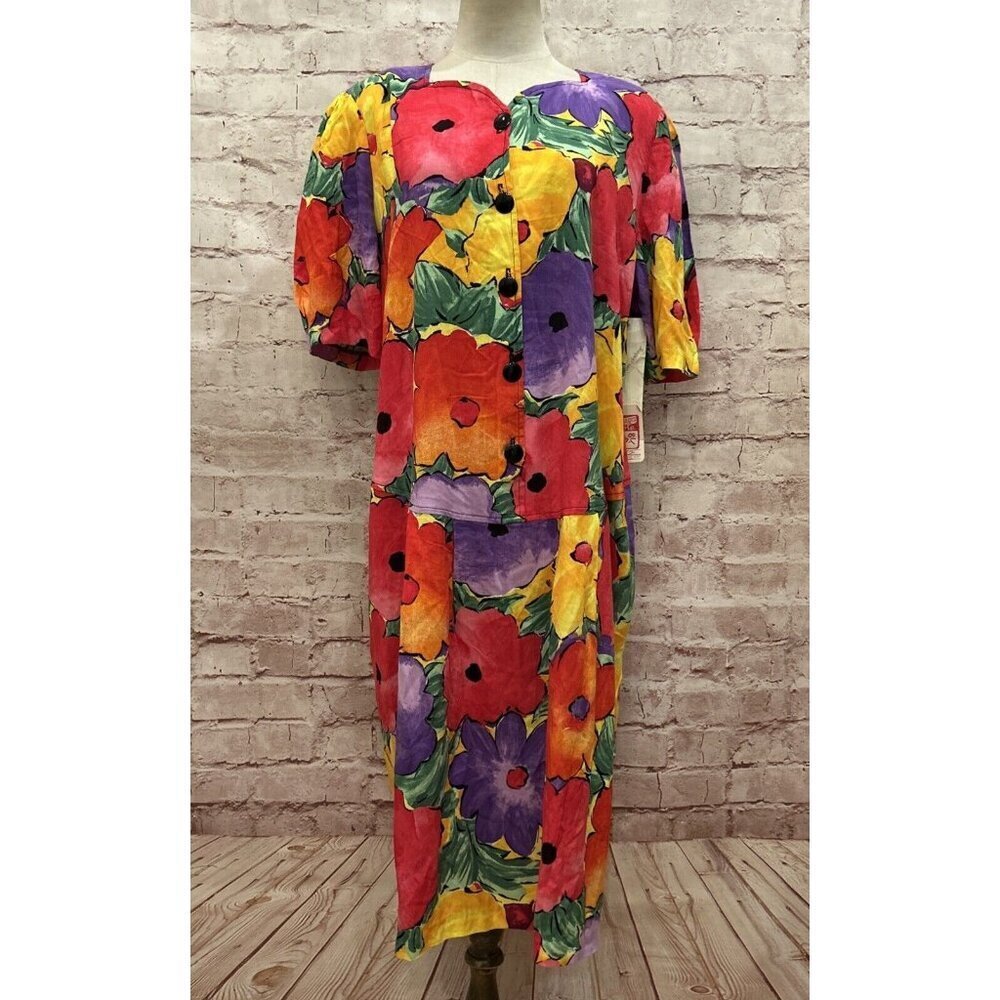 Vintage 80s Maternity Dress Hawaiian Hibiscus Floral Over The Rainbow Size 12
